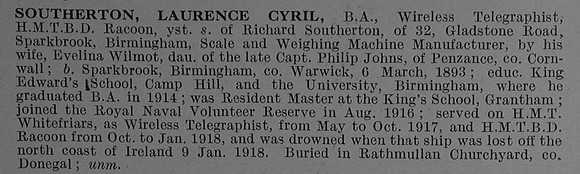 Southerton L C Ordinary Telegraphist BZ/9624 H.M.S. Racoon Royal Naval Volunteer Reserve Obit De Ruvignys Roll Of Honour Vol 4