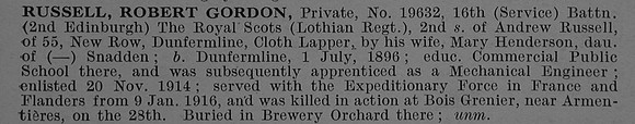Russell R G Pte 19632 16th Royal Scots Obit De Ruvignys Roll Of Honour Vol 4
