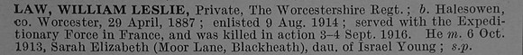 Law W L Pte 14253 10th Worcestershire Regiment Short Obit De Ruvignys Roll Of Honour Vol 4