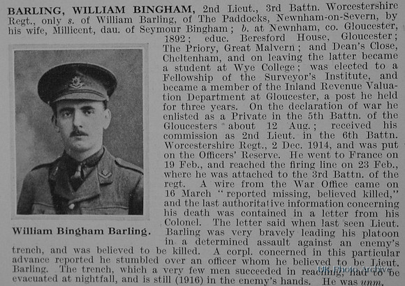 Barling W B 2nd Lt Obit 3rd Worcs Regt DR1