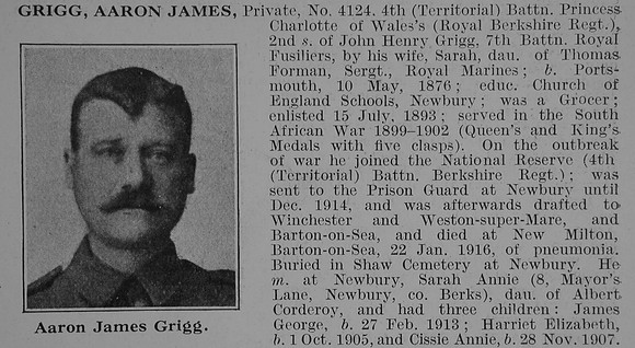 Grigg A J Pte 4th Royal Berkshire Regiment Obit De Ruvignys Roll Of Honour Vol 3