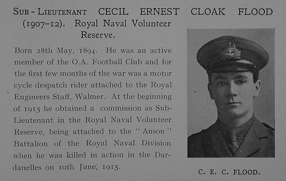 Flood C E C Sub Lt Anson Bn. R.N. Div. Royal Naval Volunteer Reserve Obit Dulwich College Roll Of Honour