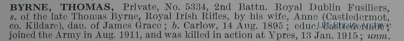 Byrne T Pte 5334 2nd Royal Dublin Fusiliers Short Obituary De Ruvignys Roll Of Honour Vol 1