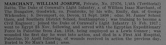Marchant W J Pte 37076 4th Duke Of Cornwalls Light Infantry Obit De Ruvignys Roll Of Honour Vol 4