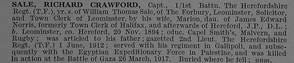 Sale R C Captain 1st Herefordshire Regiment Obit De Ruvignys Roll Of Honour Vol 4