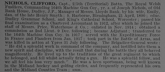 Nichols C Captain 5th Royal Welsh Fusiliers Obit De Ruvignys Roll Of Honour Vol 4
