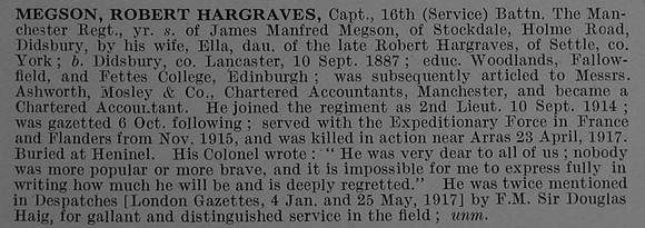 Megson R H Captain 16th Manchester Regiment Obit De Ruvignys Roll Of Honour Vol 4