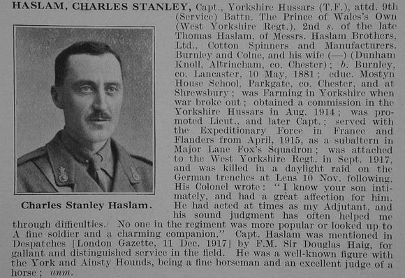 Haslam C S Captain Yorkshire Hussars Attd 9th West Yorks Regt Obit De Ruvignys Roll Of Honour Vol 3