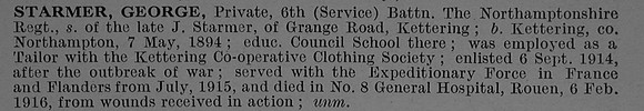 Starmer G Pte 14659 6th Northamptonshire Regiment Obit De Ruvignys Roll Of Honour Vol 4