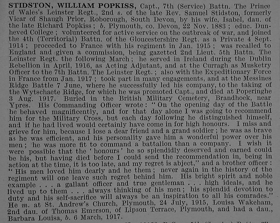 Stidston W P Captain 7th Leinster Regiment Obit De Ruvignys Roll Of Honour Vol 4