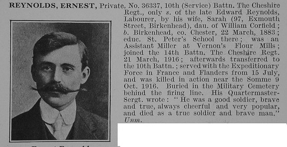 Reynolds E Pte 10th Cheshire Regt Obit De Ruvignys Roll Of Honour Vol 3