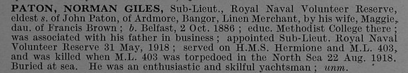 Paton N G Sub Lt H.M.M.L. No. 403 Royal Naval Volunteer Reserve Short Obit De Ruvignys Roll Of Honour Vol 4