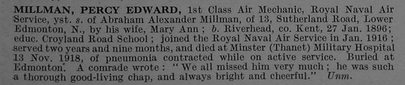 Millman P E Air Mech 1st Class 210722 Royal Naval Air Service Obit De Ruvignys Roll Of Honour Vol 4