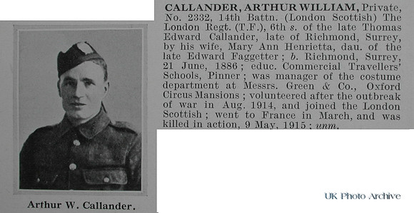 Callander A W Pte 2332 14th London Regiment (London Scottish) Obituary De Ruvignys Roll Of Honour Vol 1