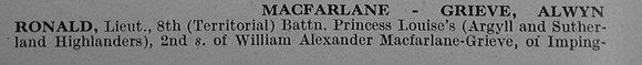 MacFarlane-Grieve A R Lt 8th Argyll & Sutherland Highlanders Obit Part 1 De Ruvignys Roll Of Honour Vol 4