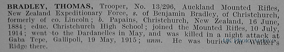 Bradley T Tpr 13/296 Auckland Mounted Rifles NZEF Obituary De Ruginys Roll Of Honour Vol 1