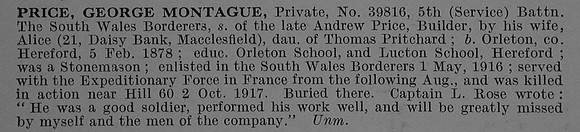 Price G M Pte 39816 5th South Wales Borderers Obit De Ruvignys Roll Of Honour Vol 4