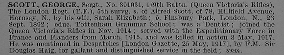 Scott G Sergt 391031 9th London Regiment Obit De Ruvignys Roll Of Honour Vol 4