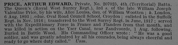 Price A E Pte 207025 4th Queens Royal West Surrey Regiment Obit De Ruvignys Roll Of Honour Vol 4