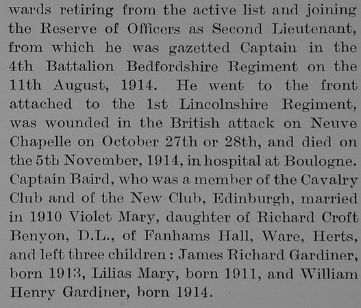 Baird W F G Captain 4th Bedfordshire Regiment Obit Part 2 The Bond Of Sacrifice Vol 1
