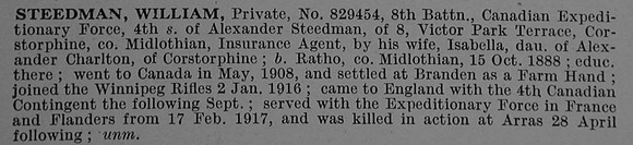 Steedman W Pte 829454 8th Canadian Infantry (Manitoba Regiment) Obit De Ruvignys Roll Of Honour Vol 4