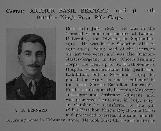 Bernard A B Captain Kings Royal Rifle Corps Obit Part 1 Dulwich College Roll Of Honour