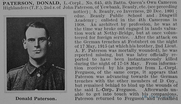 Paterson D L/Cpl 645 4th Cameron Highlanders Obit Part 1 De Ruvignys Roll Of Honour Vol 1