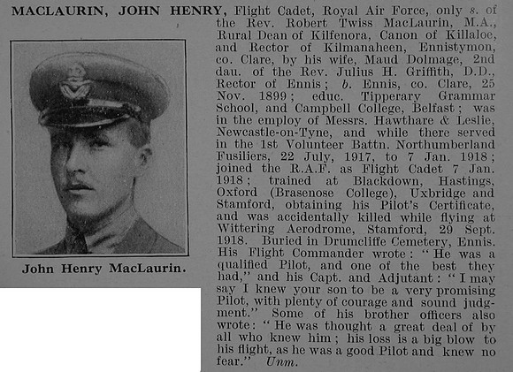 MacLaurin J H Flight Cadet Royal Air Force Obit De Ruvignys Roll Of Honour Vol 5