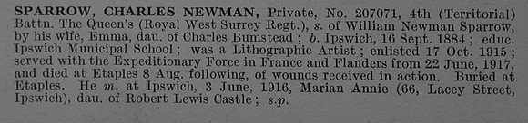 Sparrow C N Pte 207071 4th Queen's Royal West Surrey Regiment Obit De Ruvignys Roll Of Honour Vol 4