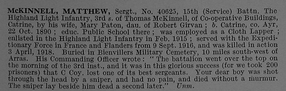 McKinnell M Sergt 40625 15th Highland Light Infantry Obit De Ruvignys Roll Of Honour Vol 4