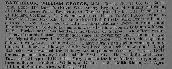 Batchelor W G Cpl MM 12706 1st Queen Royal West Surrey Regiment Obit De Ruvignys Roll Of Honour Vol 4