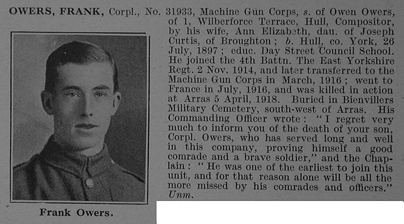 Owers F Cpl 31933 Machine Gun Corps Obit De Ruvignys Roll Of Honour Vol 4