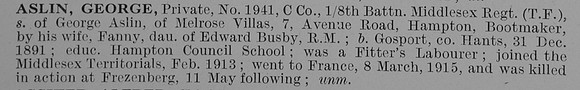 Aslin G Pte 1941 8th Middlesex Regiment Obit