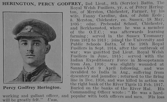 Herington P G 2nd Lt 8th Royal Welsh Fusiliers Obit De Ruvignys Roll Of Honour Vol 3