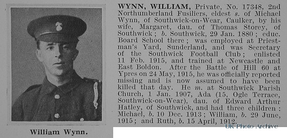 Wynn W Pte 17348 2nd Northumberland Fusiliers Obit De Ruvignys Roll Of Honour Vol 1