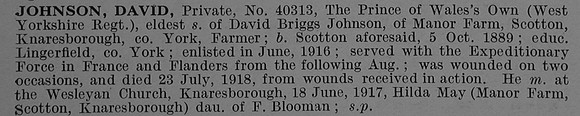 Johnson D Pte 40313 5th West Yorkshire Regiment (Prince of Wales's Own) Obit De Ruvignys Roll Of Honour Vol 4