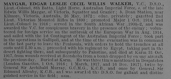Maygar E L C W W Lt Col VC DSO 8th Australian Light Infantry Obit De Ruvignys Roll Of Honour Vol 4