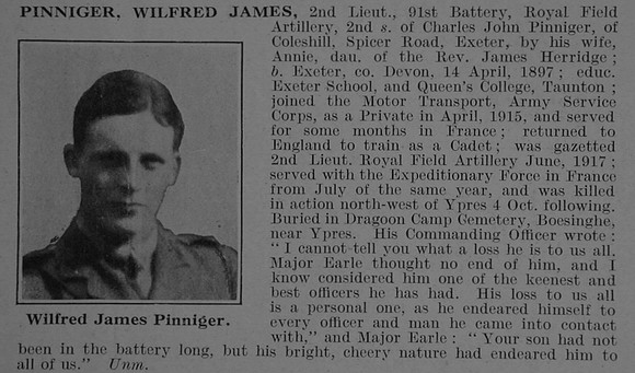Pinniger W J 2nd Lt Royal Field Artillery Obit De Ruvignys Roll Of Honour Vol 3