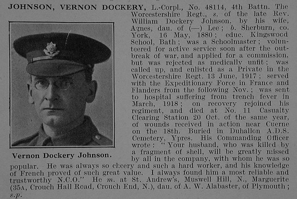 Johnson V D LCpl 48114 4th Worcestershire Regiment Obit De Ruvignys Roll Of Honour Vol 5