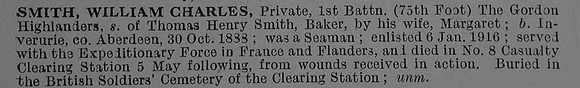 Smith W C Pte 1st Gordon Highlanders Short Obit De Ruvignys Roll Of Honour Vol 4
