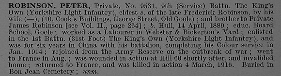 Robinson P Pte 9531 9th Kings Own Yorkshire Light Infantry Obit De Ruvignys Roll Of Honour Vol 4