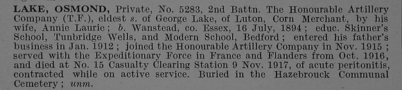 Lake O Pte 5283 2nd Honourable Artillery Company Obit De Ruvignys Roll Of Honour Vol 4
