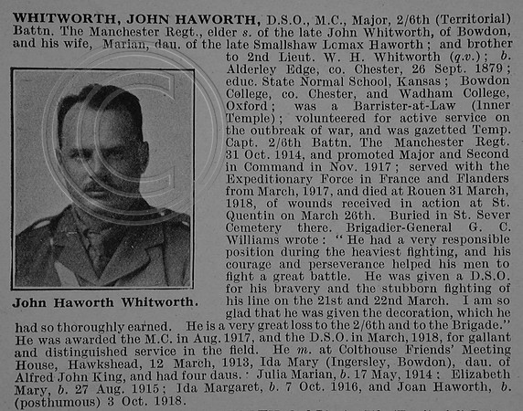 Whitworth J H Major DSO MC 6th Manchester Regiment Obit De Ruvignys Roll Of Honour Vol 4