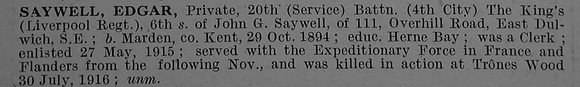 Saywell E Pte 29280 20th The King's (Liverpool Regiment) Short Obit De Ruvignys Roll Of Honour Vol 4
