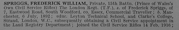 Spriggs F W Pte 15th London Regiment Obit Part 1 De Ruvignys Roll Of Honour Vol 4