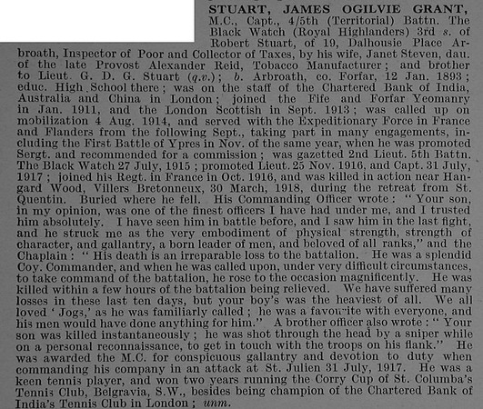 Stuart J O G Captain MC 5th Black Watch Obit De Ruvignys Roll Of Honour Vol 4