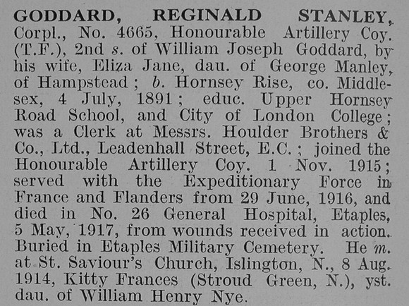 Goddard R S Cpl Honourable Artillery Company Obit De Ruvignys Roll Of Honour Vol 3
