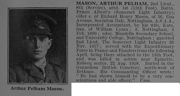 Mason A P 2nd Lt 8th Attd 1st Somerset Light Infantry Obit De Ruvignys Roll Of Honour Vol 4