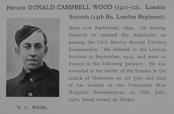 Wood D C Pte 14th London Regiment Obit Dulwich College Roll Of Honour