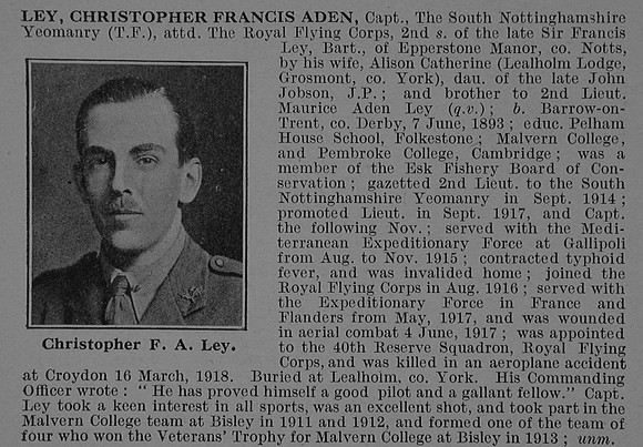 Ley C F A Captain South Nottinghamshire Yeomanry Attd Royal Flying Corps Obit De Ruvignys Roll Of Honour Vol 4